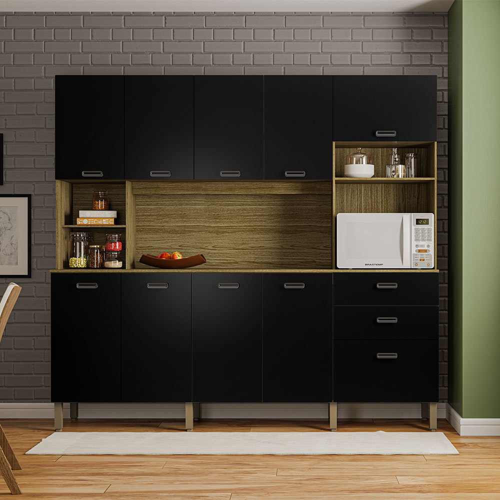 Armário de Cozinha Compacta 10 Portas e 2 Gavetas 222cm Sense Freijó/Preto - Pallazio