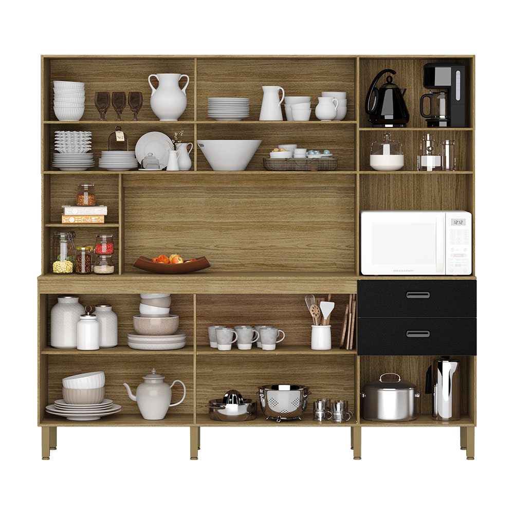 Armário de Cozinha Compacta 10 Portas e 2 Gavetas 222cm Sense Freijó/Preto - Pallazio