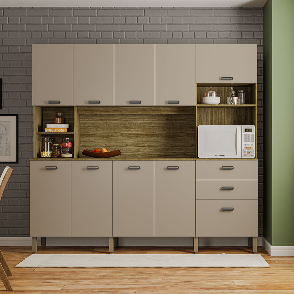 Armário de Cozinha Compacta 10 Portas e 2 Gavetas 222cm Sense Freijó/Vanilla - Pallazio