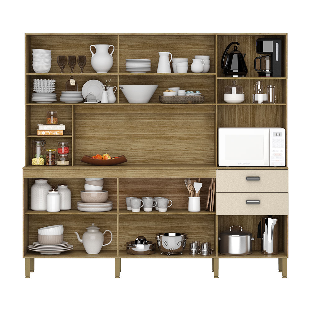 Armário de Cozinha Compacta 10 Portas e 2 Gavetas 222cm Sense Freijó/Vanilla - Pallazio