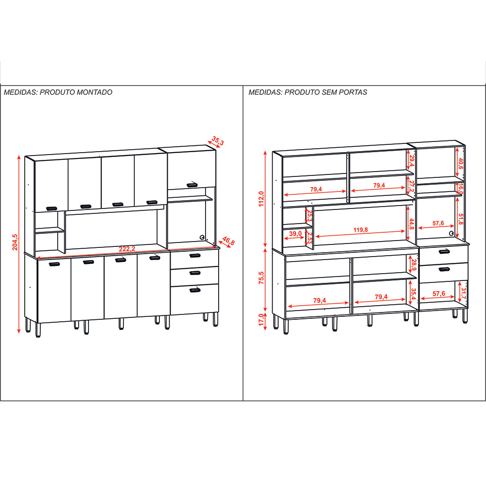 Armário de Cozinha Compacta 10 Portas e 2 Gavetas 222cm Sense Freijó/Vanilla - Pallazio