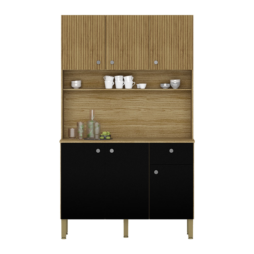 Armário de Cozinha Compacta 6 Portas e 1 Gaveta 111cm Veneza Ripado Freijó/Preto - Pallazio