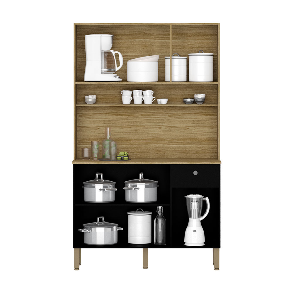 Armário de Cozinha Compacta 6 Portas e 1 Gaveta 111cm Veneza Ripado Freijó/Preto - Pallazio