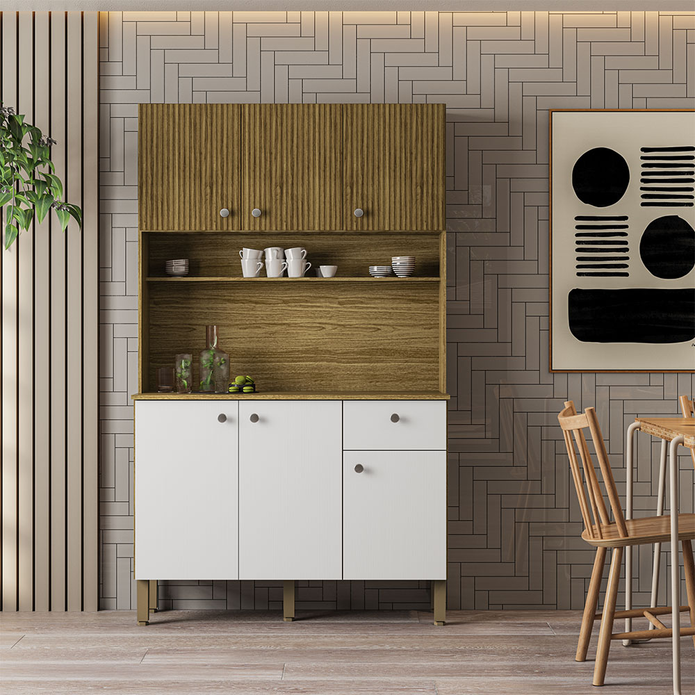 Armário de Cozinha Compacta 6 Portas e 1 Gaveta 111cm Veneza Ripado Freijó/Supremo - Pallazio