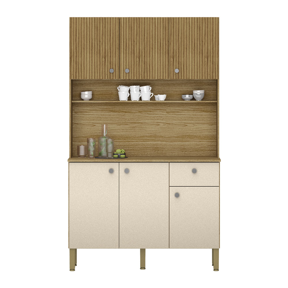 Armário de Cozinha Compacta 6 Portas e 1 Gaveta 111cm Veneza Ripado Freijó/Vanilla - Pallazio