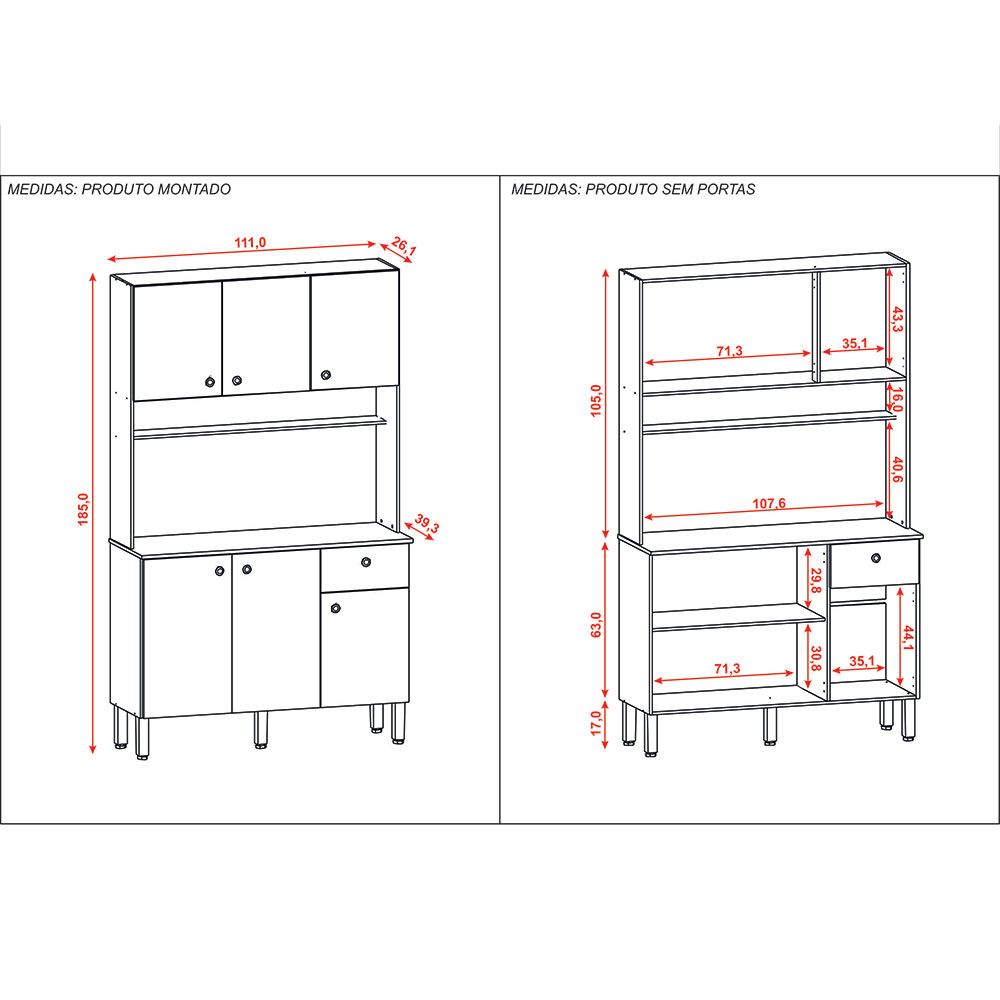 Armário de Cozinha Compacta 6 Portas e 1 Gaveta 111cm Veneza Ripado Freijó/Vanilla - Pallazio