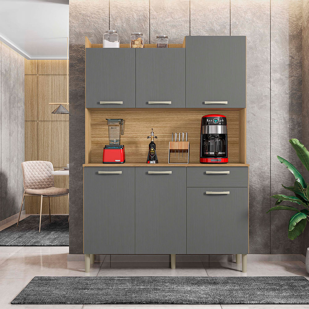 Armário de Cozinha Compacta 6 Portas e 1 Gaveta 121cm Florença Freijó/Grafite - Pallazio