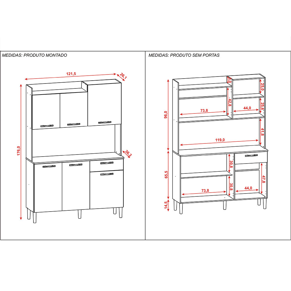 Armário de Cozinha Compacta 6 Portas e 1 Gaveta 121cm Florença Freijó/Grafite - Pallazio