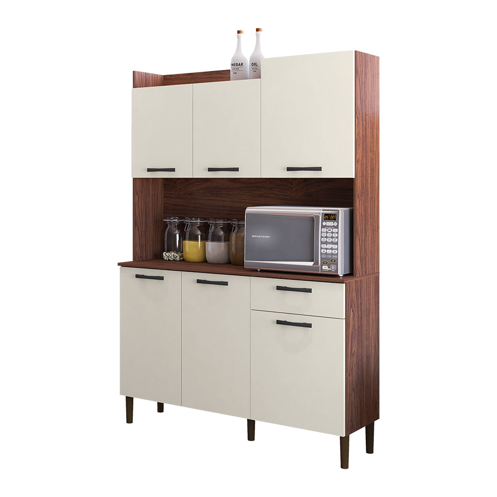 Armário de Cozinha Compacta 6 Portas e 1 Gaveta 121cm Florença Nogueira/Off White - Pallazio