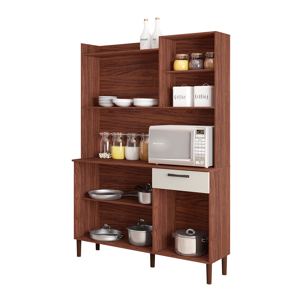 Armário de Cozinha Compacta 6 Portas e 1 Gaveta 121cm Florença Nogueira/Off White - Pallazio
