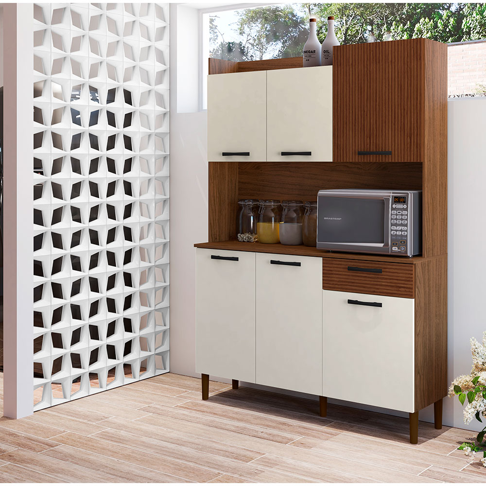 Armário de Cozinha Compacta 6 Portas e 1 Gaveta 121cm Florença Ripado Nogueira/Off White - Pallazio