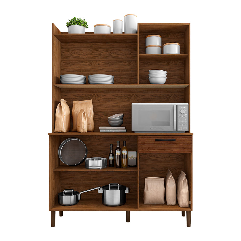 Armário de Cozinha Compacta 6 Portas e 1 Gaveta 121cm Florença Ripado Nogueira/Off White - Pallazio
