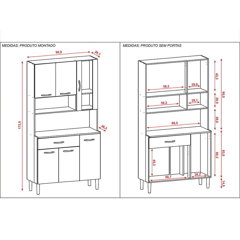 Armário de Cozinha Compacta 6 Portas e 1 Gaveta 90 cm Gold Freijó/Grafite - Pallazio