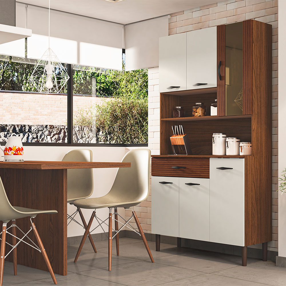 Armário de Cozinha Compacta 6 Portas e 1 Gaveta 90 cm Gold Ripado Nogueira/Off White - Pallazio