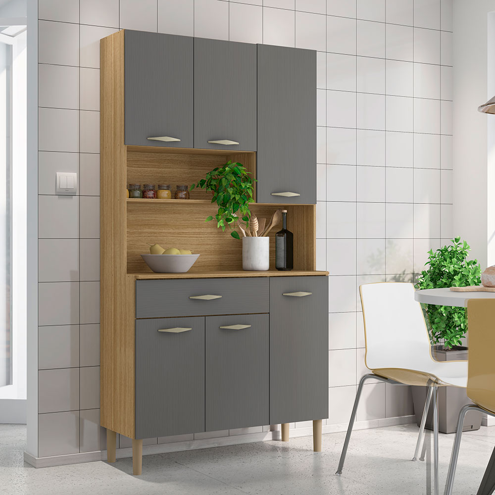 Armário de Cozinha Compacta 6 Portas e 1 Gaveta 90cm Baco Freijó/Grafite - Pallazio