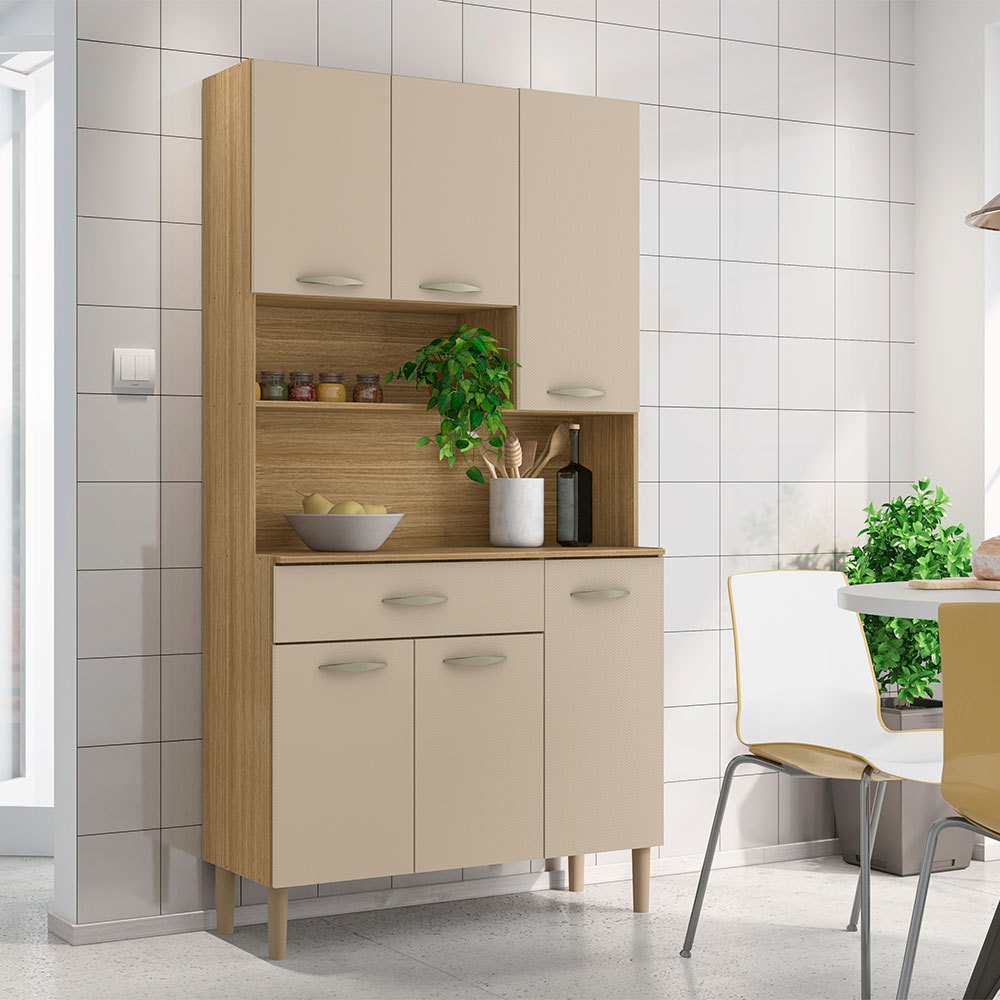 Armário de Cozinha Compacta 6 Portas e 1 Gaveta 90cm Baco Freijó/Vanilla - Pallazio