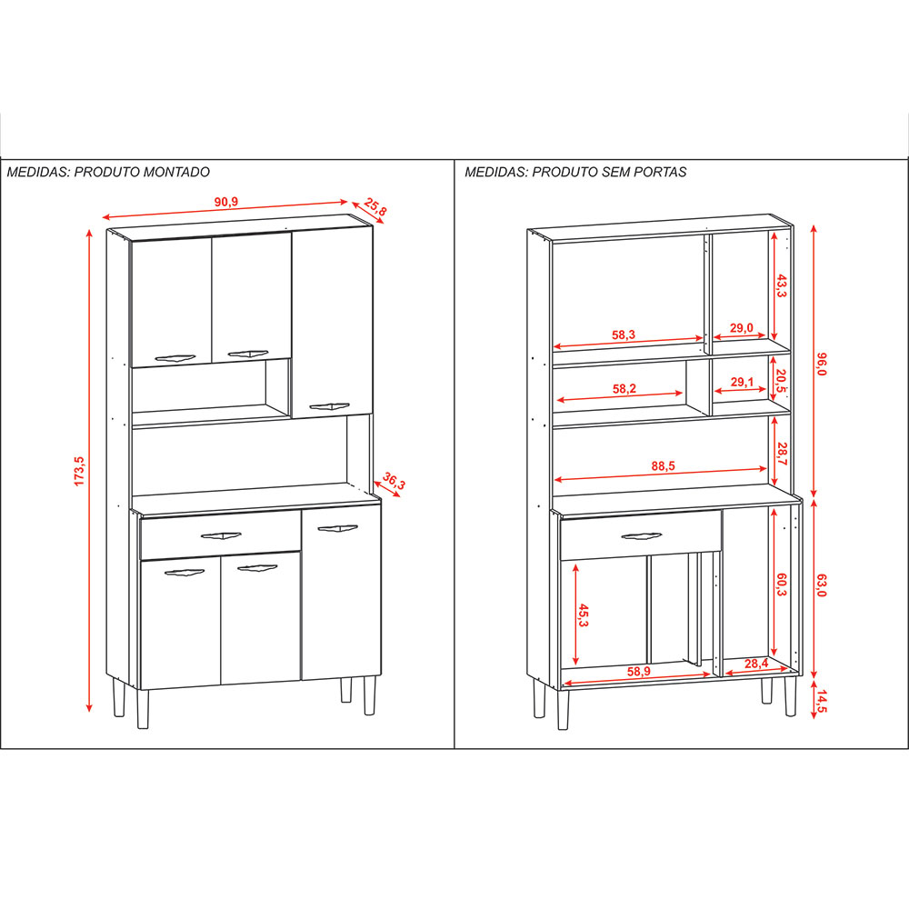 Armário de Cozinha Compacta 6 Portas e 1 Gaveta 90cm Baco Freijó/Vanilla - Pallazio