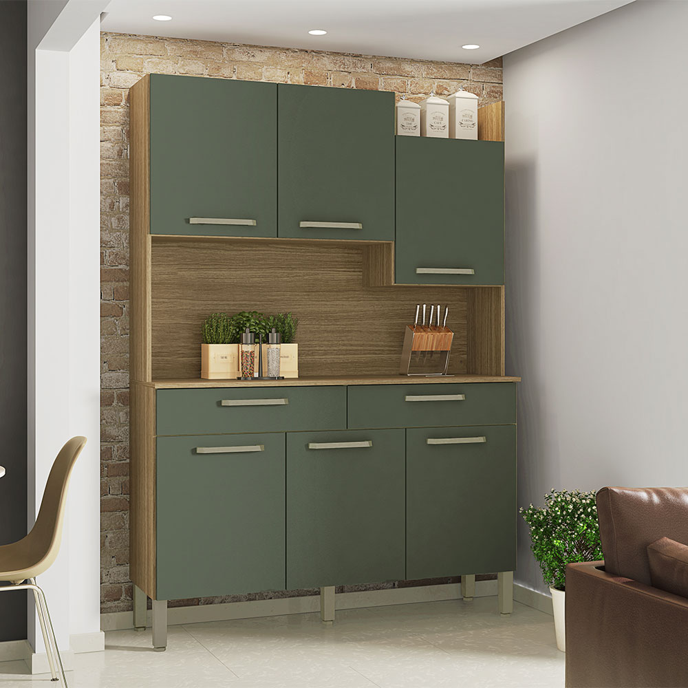 Armário de Cozinha Compacta 6 Portas e 2 Gavetas 132cm Silver Freijó Real - Pallazio