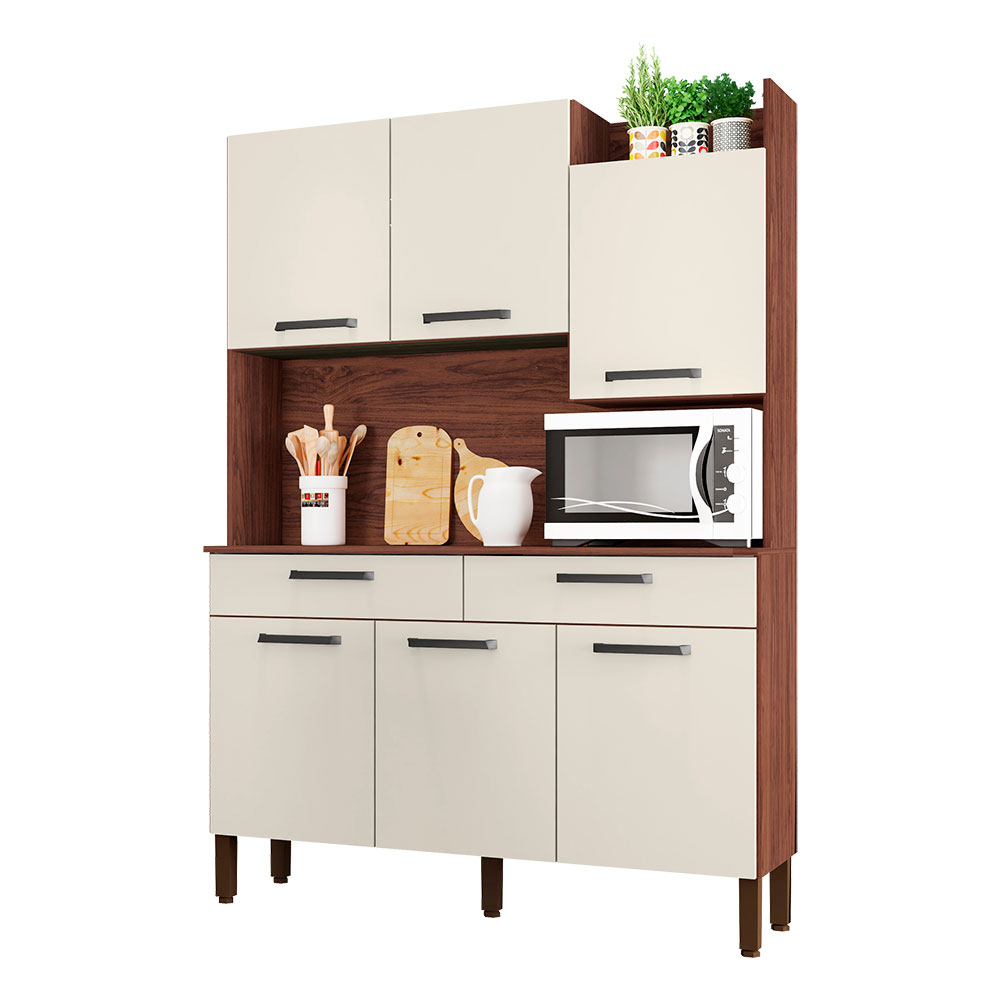Armário de Cozinha Compacta 6 Portas e 2 Gavetas 132cm Silver Nogueira/Off White - Pallazio