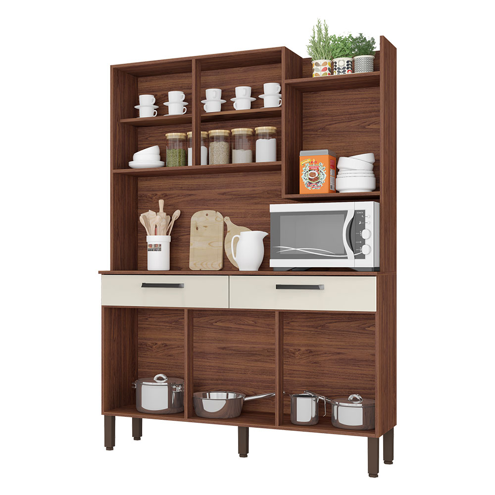 Armário de Cozinha Compacta 6 Portas e 2 Gavetas 132cm Silver Nogueira/Off White - Pallazio
