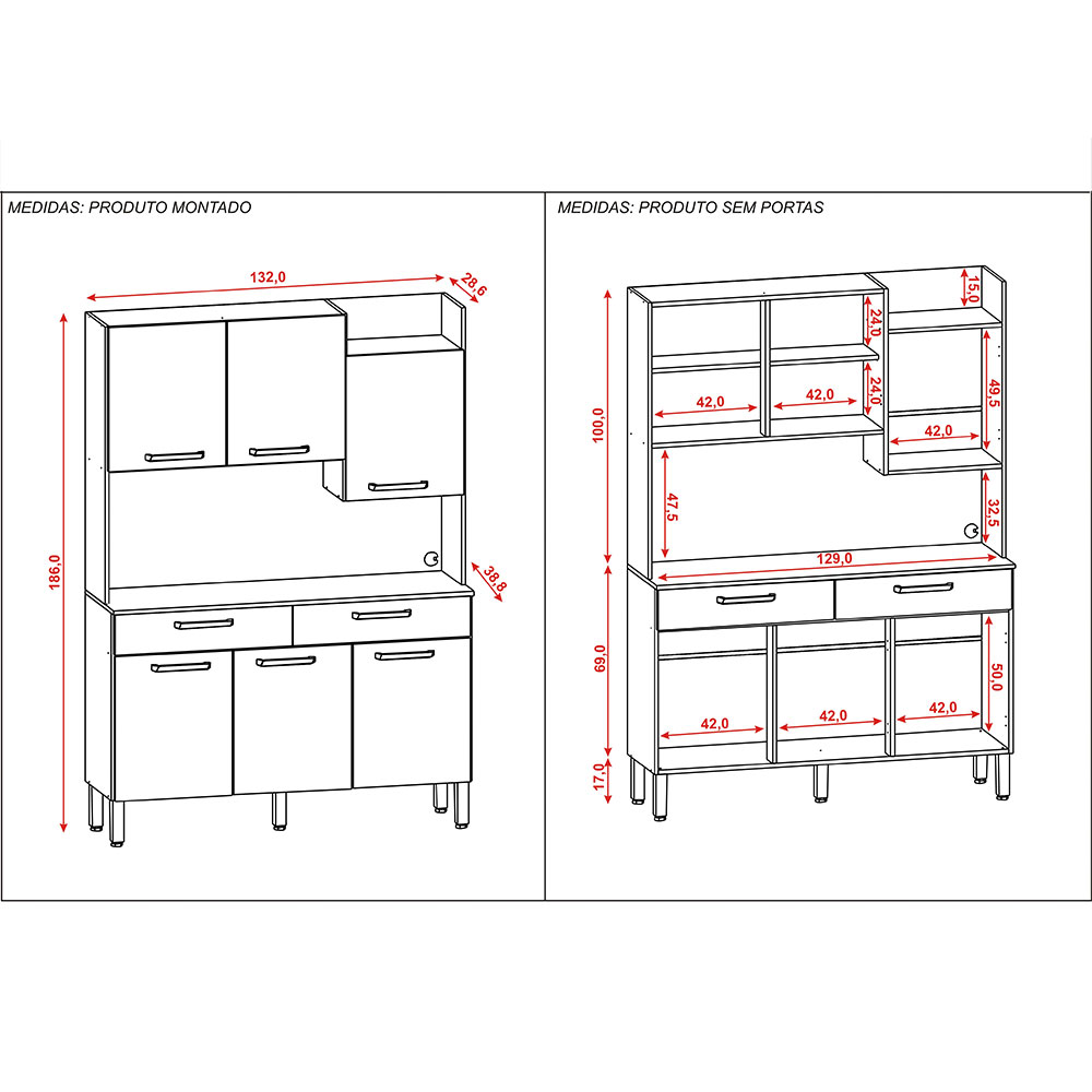 Armário de Cozinha Compacta 6 Portas e 2 Gavetas 132cm Silver Nogueira/Off White - Pallazio