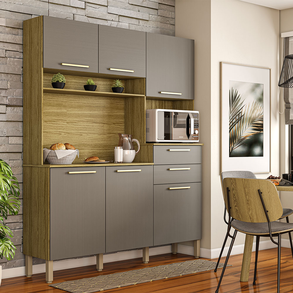 Armário de Cozinha Compacta 6 Portas e 2 Gavetas 160 cm Duquesa Freijó/Grafite - Pallazio