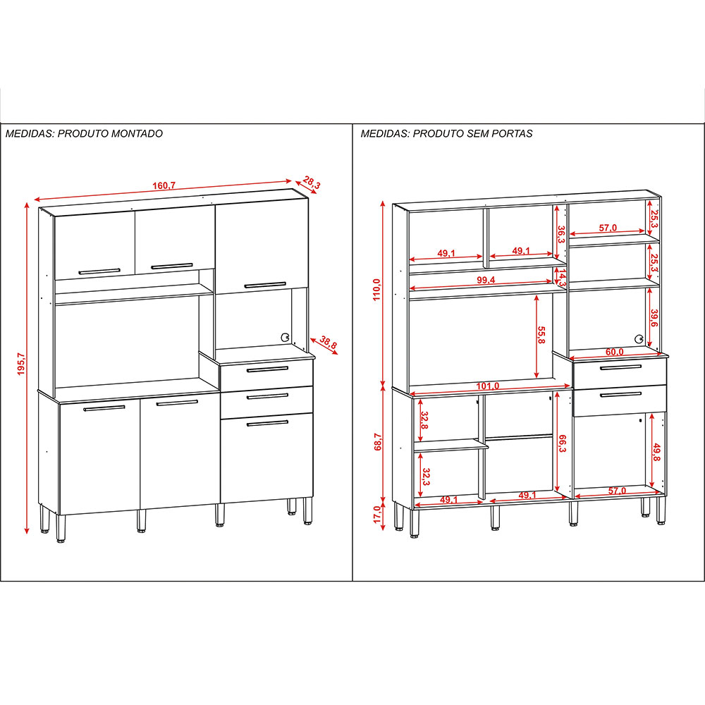 Armário de Cozinha Compacta 6 Portas e 2 Gavetas 160 cm Duquesa Freijó/Grafite - Pallazio