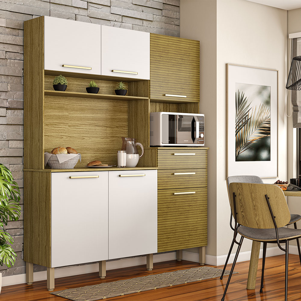 Armário de Cozinha Compacta 6 Portas e 2 Gavetas 160 cm Duquesa Ripado Freijó/Supremo - Pallazio