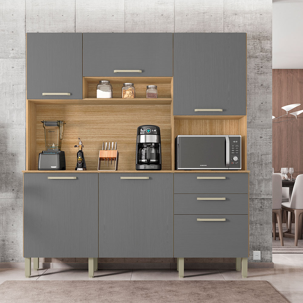 Armário de Cozinha Compacta 6 Portas e 2 Gavetas 180cm Dali Freijó/Grafite - Pallazio