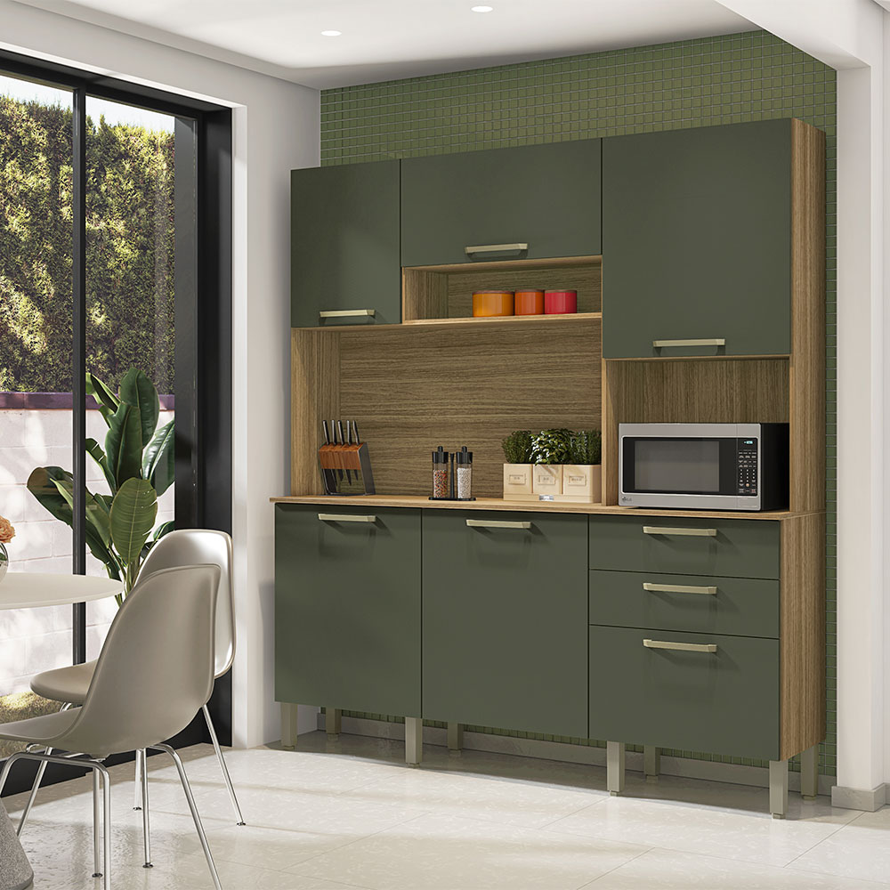 Armário de Cozinha Compacta 6 Portas e 2 Gavetas 180cm Dali Freijó/Real - Pallazio
