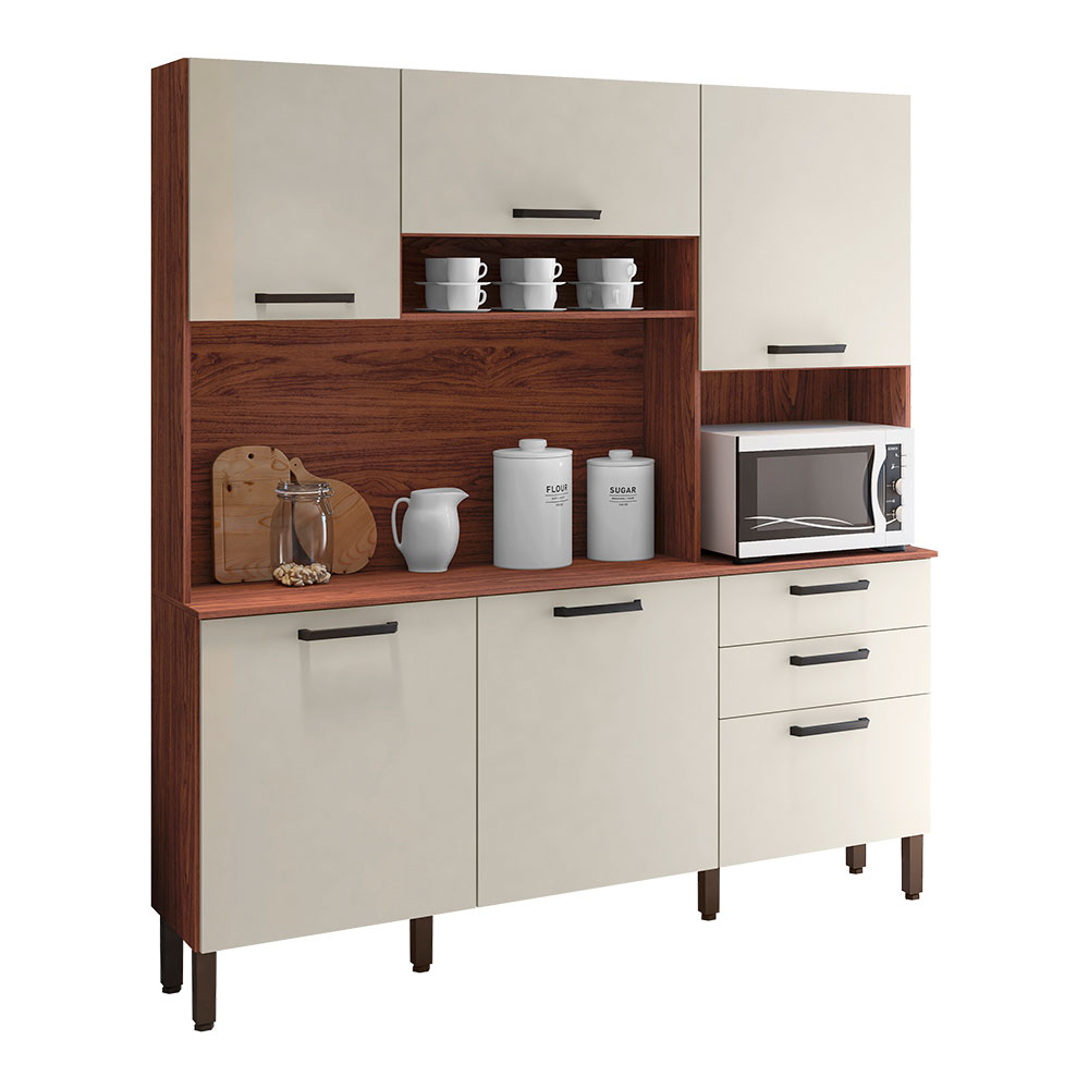 Armário de Cozinha Compacta 6 Portas e 2 Gavetas 180cm Dali Nogueira/Off White - Pallazio