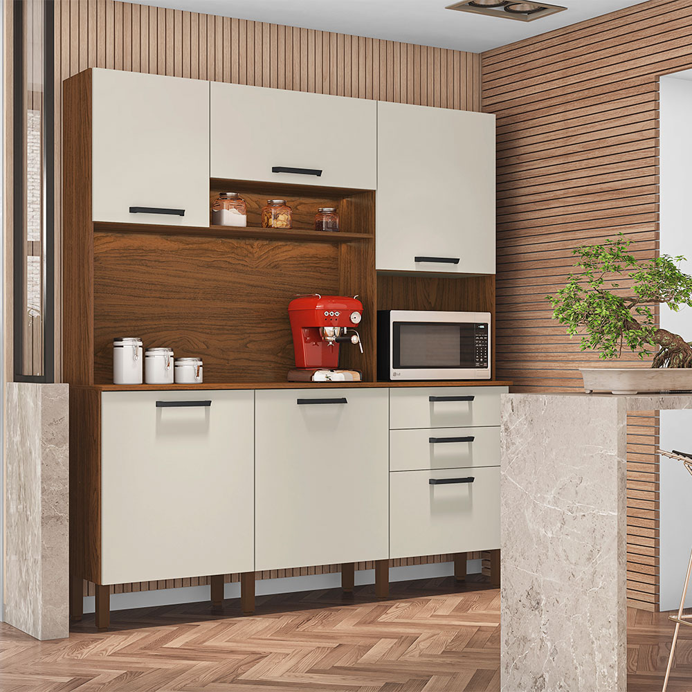 Armário de Cozinha Compacta 6 Portas e 2 Gavetas 180cm Dali Nogueira/Off White - Pallazio