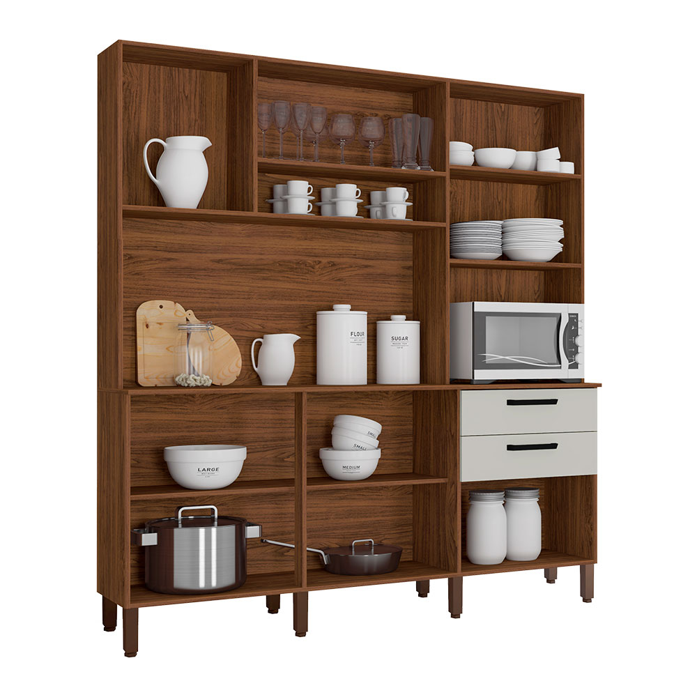 Armário de Cozinha Compacta 6 Portas e 2 Gavetas 180cm Dali Nogueira/Off White - Pallazio