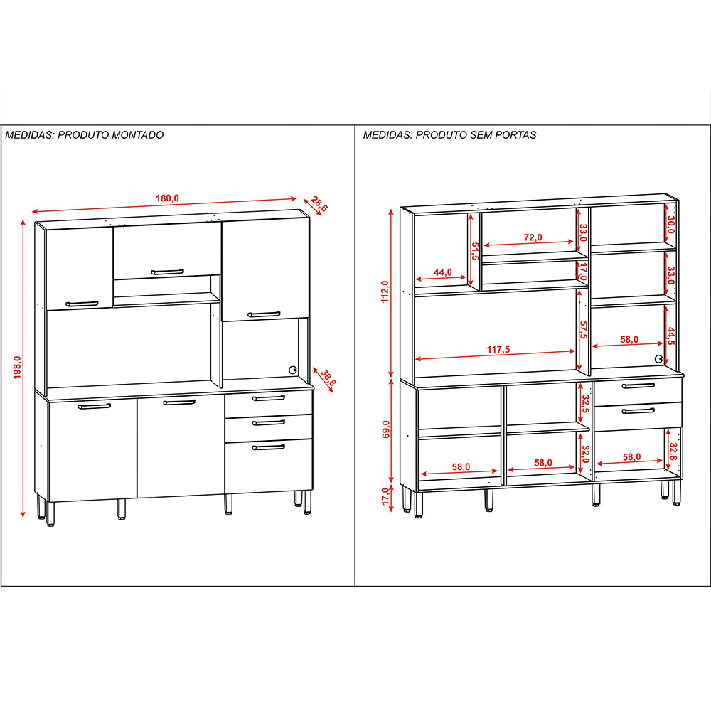 Armário de Cozinha Compacta 6 Portas e 2 Gavetas 180cm Dali Nogueira/Off White - Pallazio