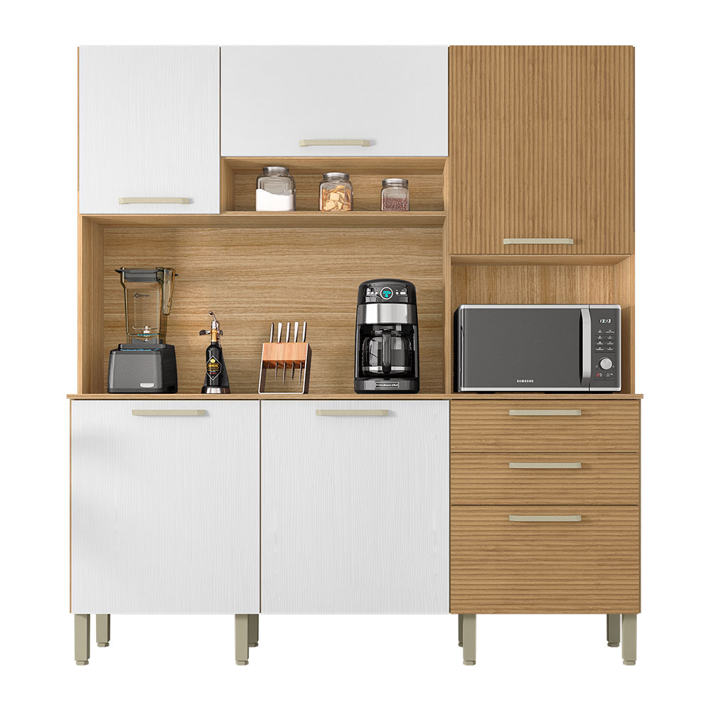 Armário de Cozinha Compacta 6 Portas e 2 Gavetas 180cm Dali Ripado Freijó/Supremo - Pallazio