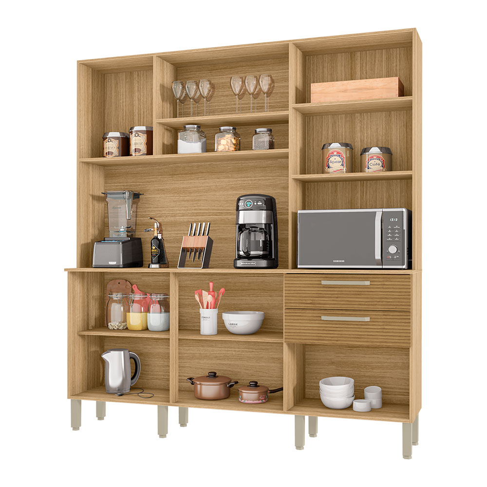 Armário de Cozinha Compacta 6 Portas e 2 Gavetas 180cm Dali Ripado Freijó/Supremo - Pallazio
