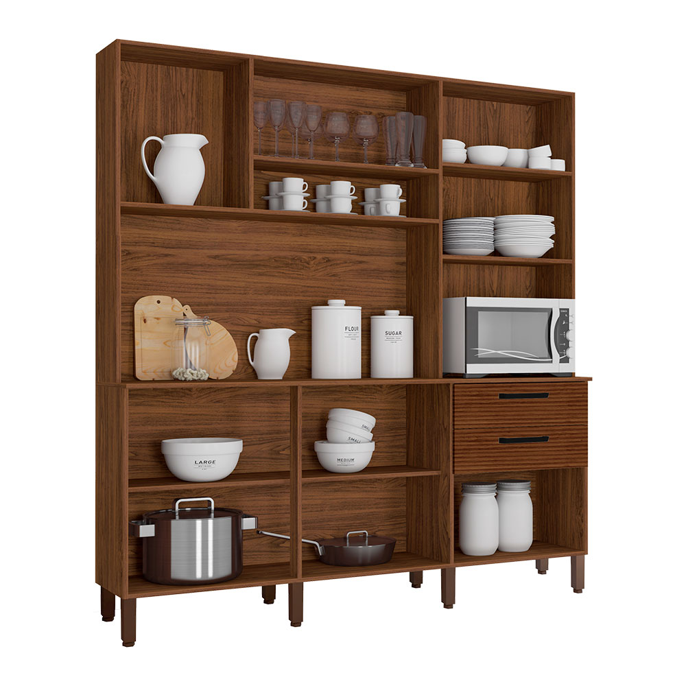 Armário de Cozinha Compacta 6 Portas e 2 Gavetas 180cm Dali Ripado Nogueira/Off White - Pallazio