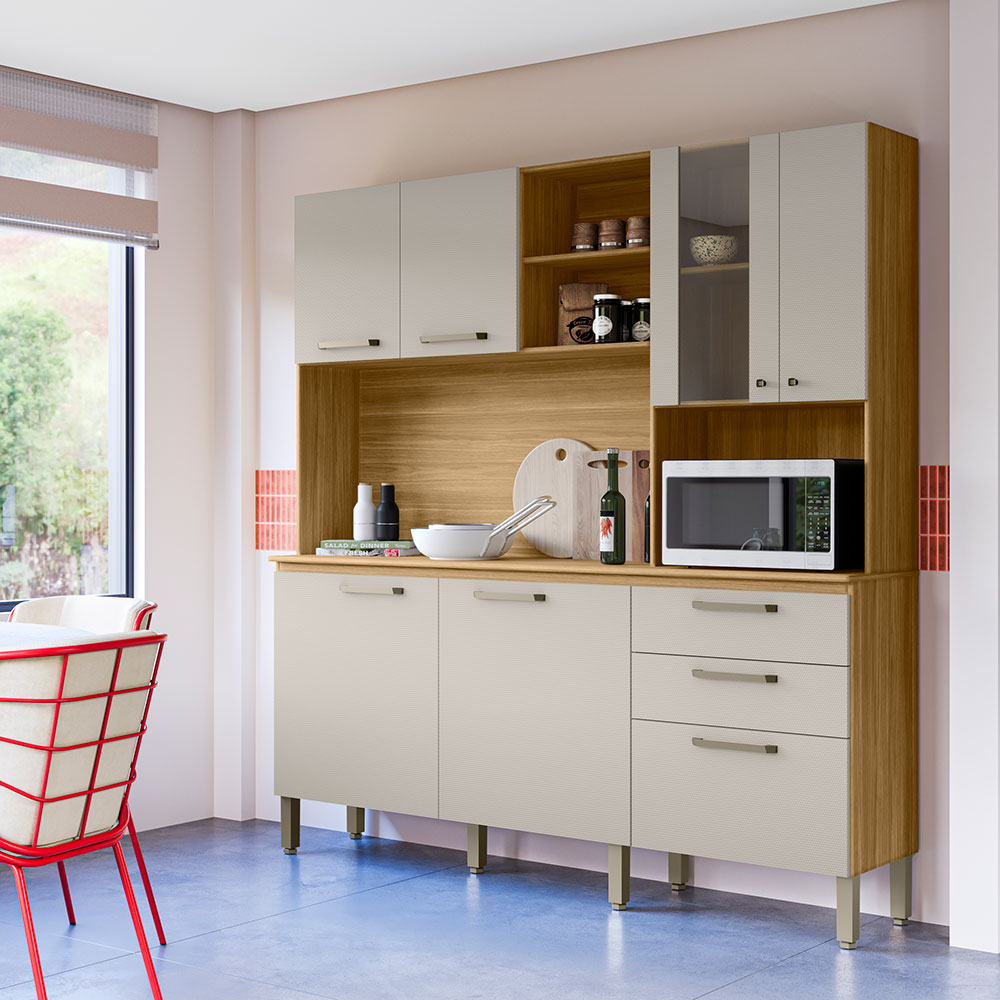 Armário de Cozinha Compacta 6 Portas e 3 Gavetas 182 cm Megan Freijó/Soft - Pallazio
