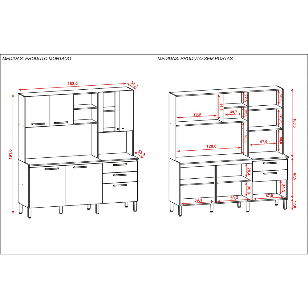 Armário de Cozinha Compacta 6 Portas e 3 Gavetas 182 cm Megan Freijó/Soft - Pallazio