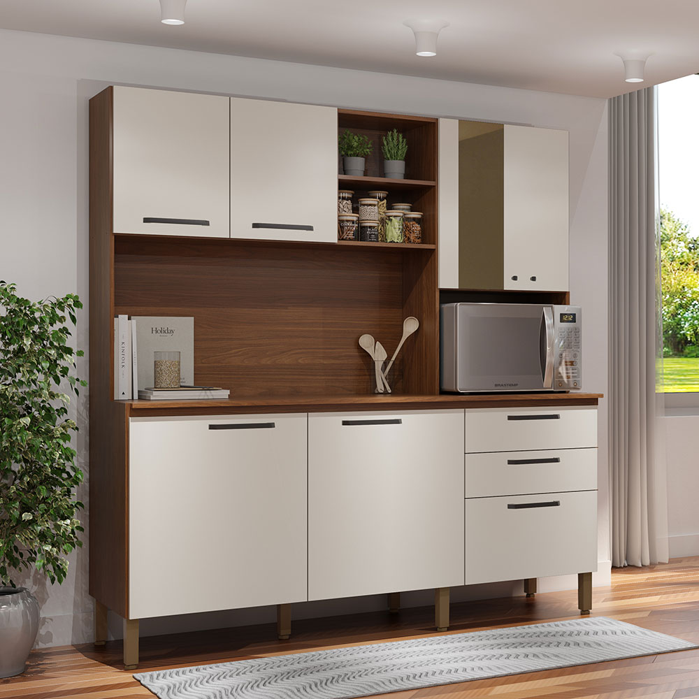 Armário de Cozinha Compacta 6 Portas e 3 Gavetas 182 cm Megan Nogueira/Off White - Pallazio