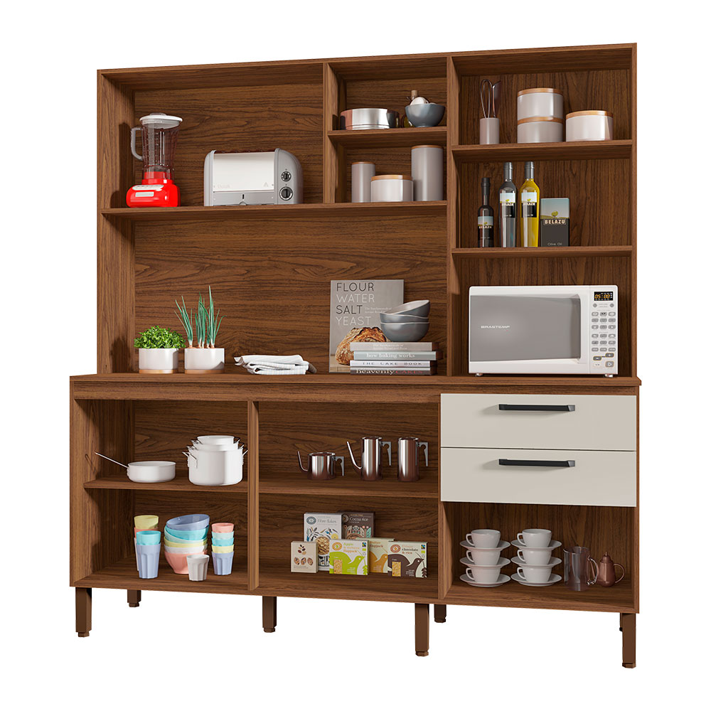 Armário de Cozinha Compacta 6 Portas e 3 Gavetas 182 cm Megan Nogueira/Off White - Pallazio