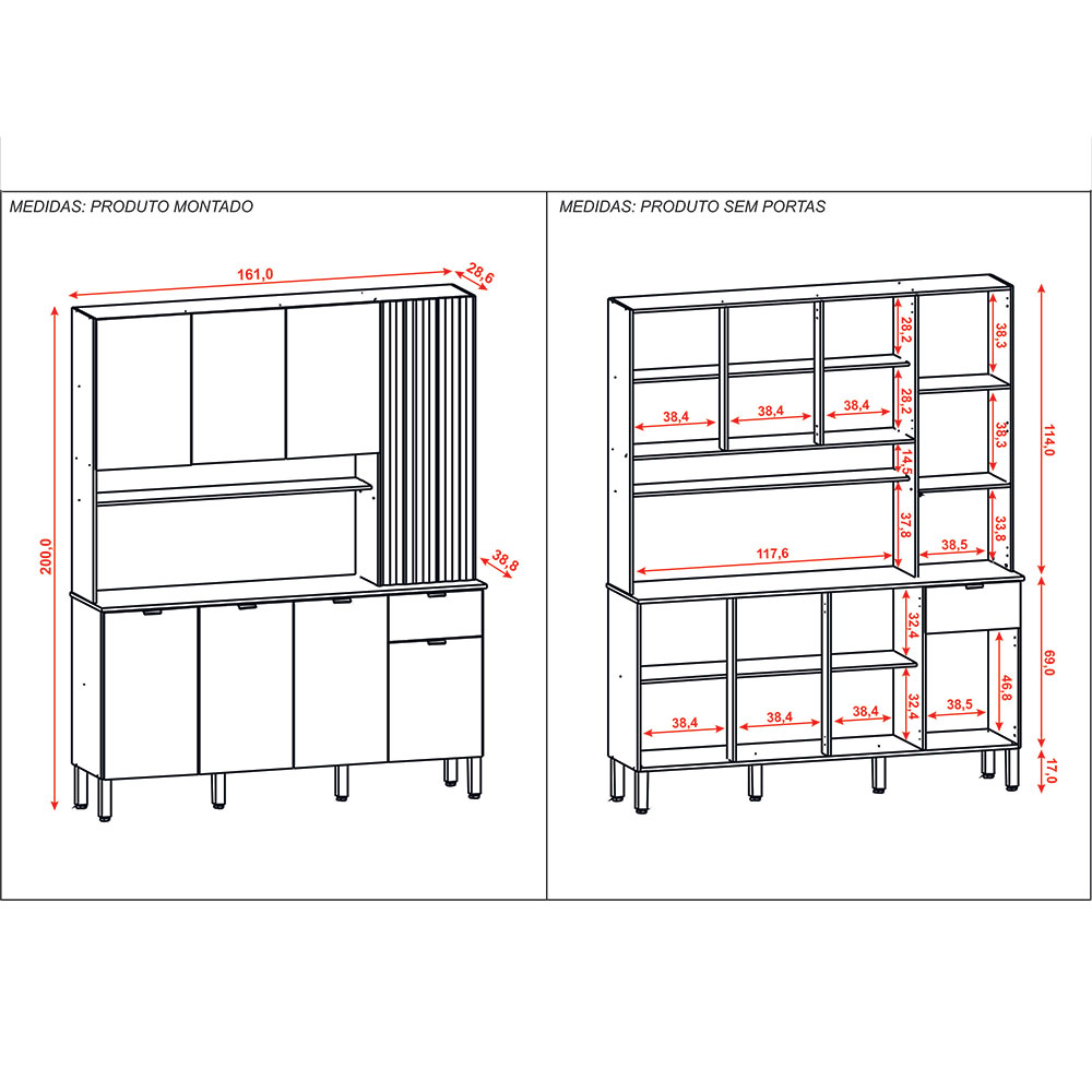 Armário de Cozinha Compacta 8 Portas e 1 Gaveta 161cm Dacar Freijó/Soft - Pallazio