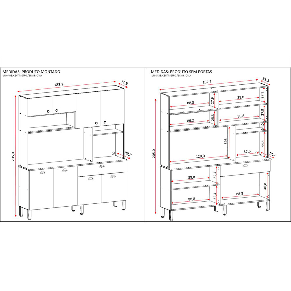Armário de Cozinha Compacta 8 Portas e 1 Gaveta 182cm Seul Freijó/Vanilla - Pallazio