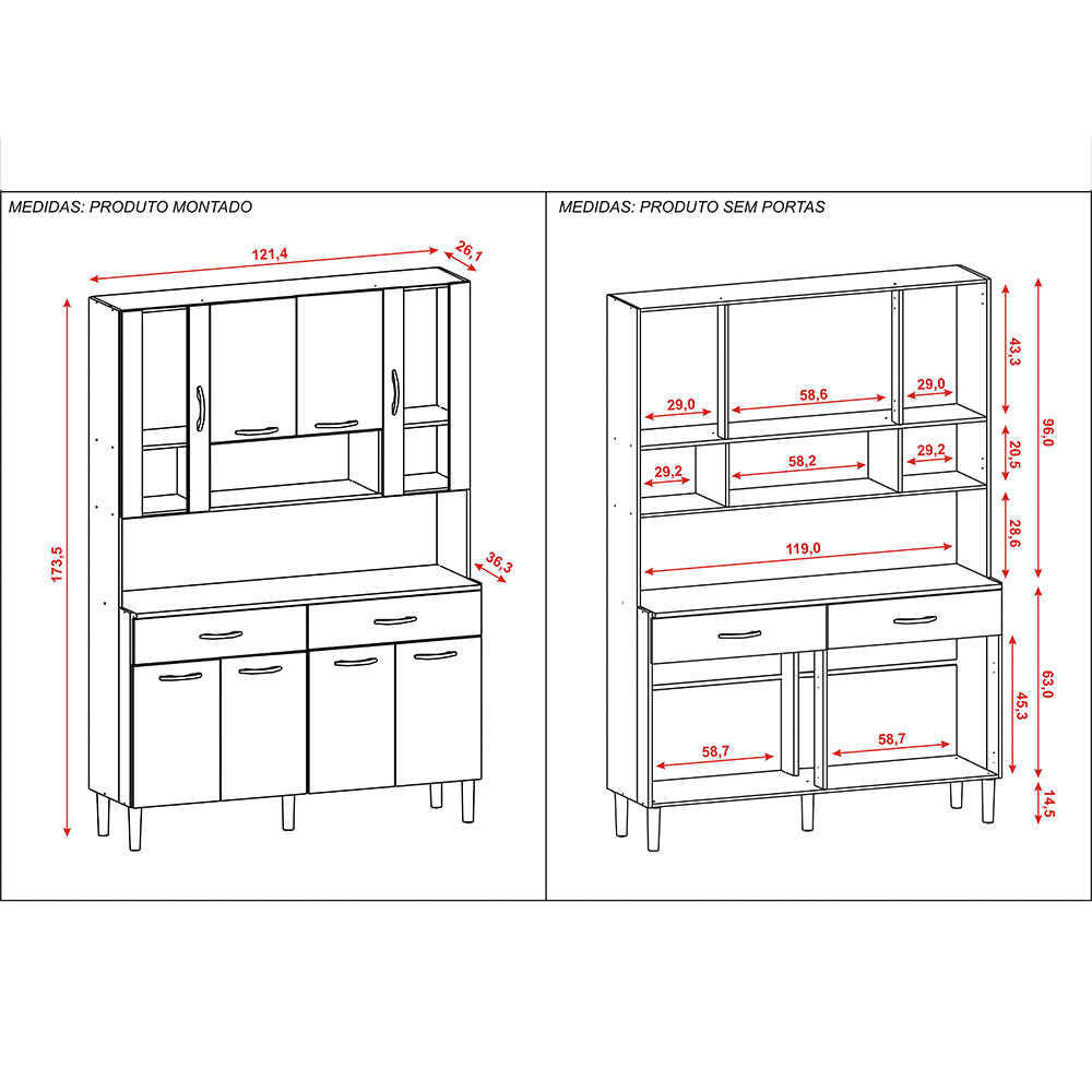 Armário de Cozinha Compacta 8 Portas e 2 Gavetas 121cm Gold Freijó/Grafite - Pallazio