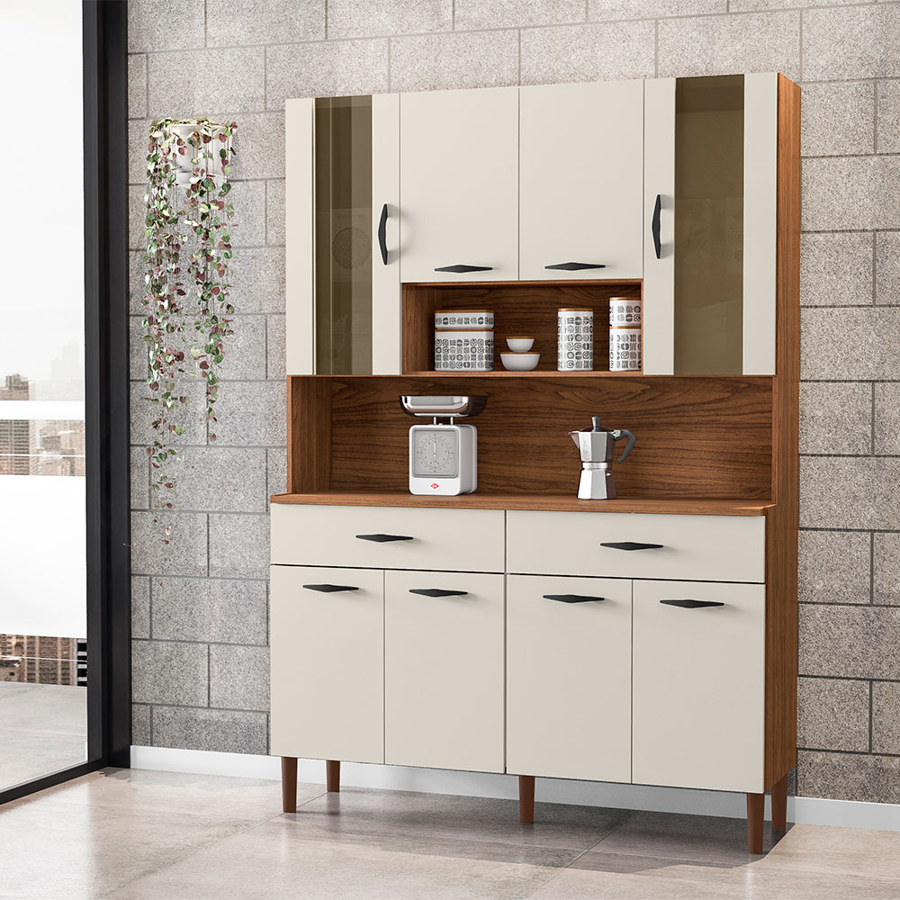 Armário de Cozinha Compacta 8 Portas e 2 Gavetas 121cm Gold Nogueira/Off White - Pallazio