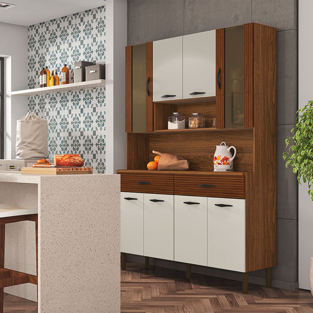 Armário de Cozinha Compacta 8 Portas e 2 Gavetas 121cm Gold Ripado Nogueira/Off White - Pallazio