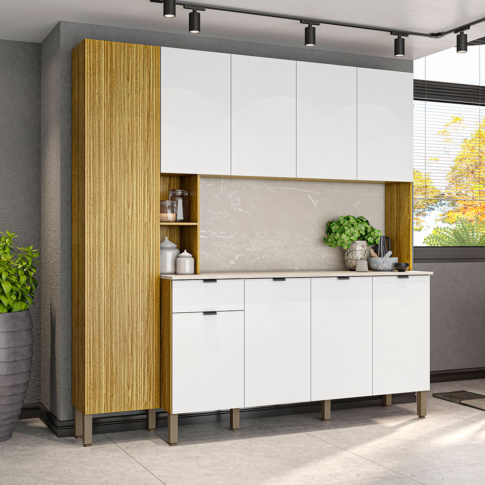 Armário de Cozinha Compacta 9 Portas e 1 Gaveta 200cm Milla Freijó/Artico - Pallazio