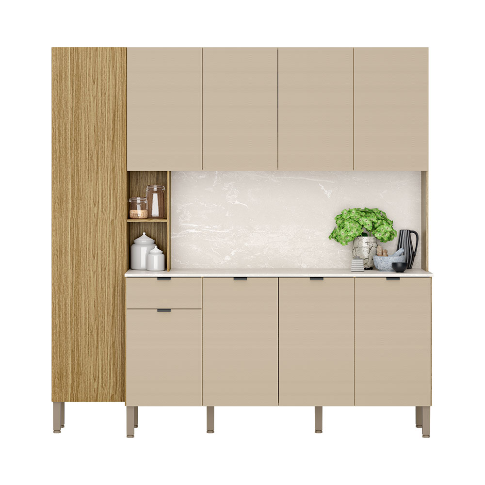 Armário de Cozinha Compacta 9 Portas e 1 Gaveta 200cm Milla Freijó/Vanilla - Pallazio