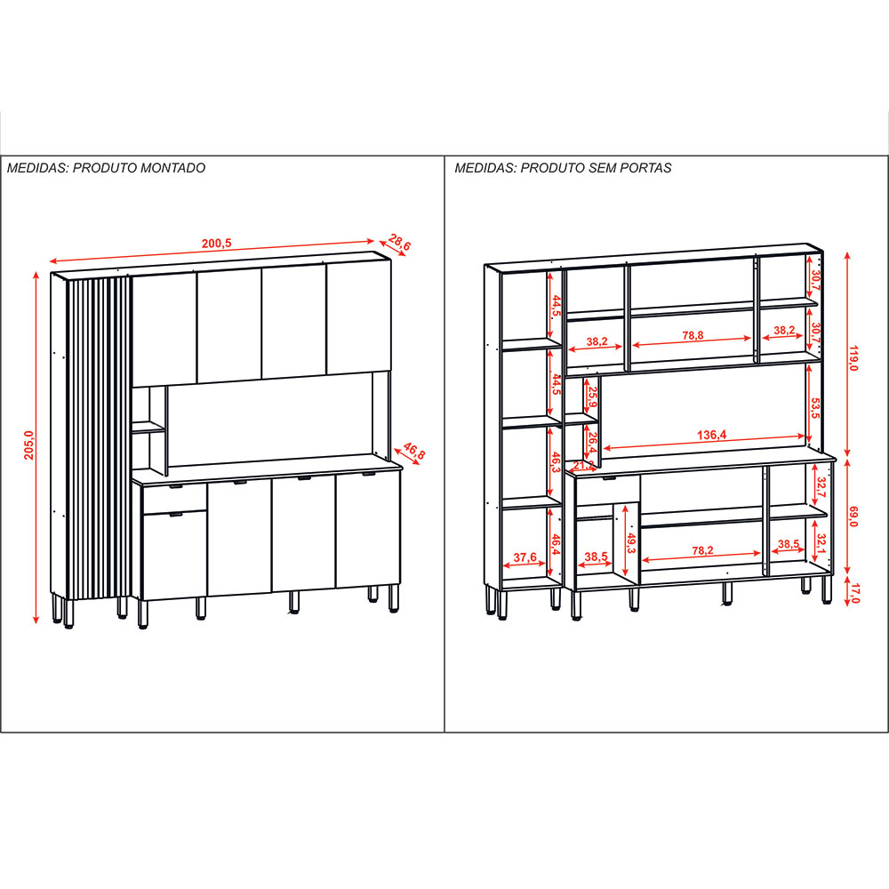 Armário de Cozinha Compacta 9 Portas e 1 Gaveta 200cm Milla Freijó/Vanilla - Pallazio