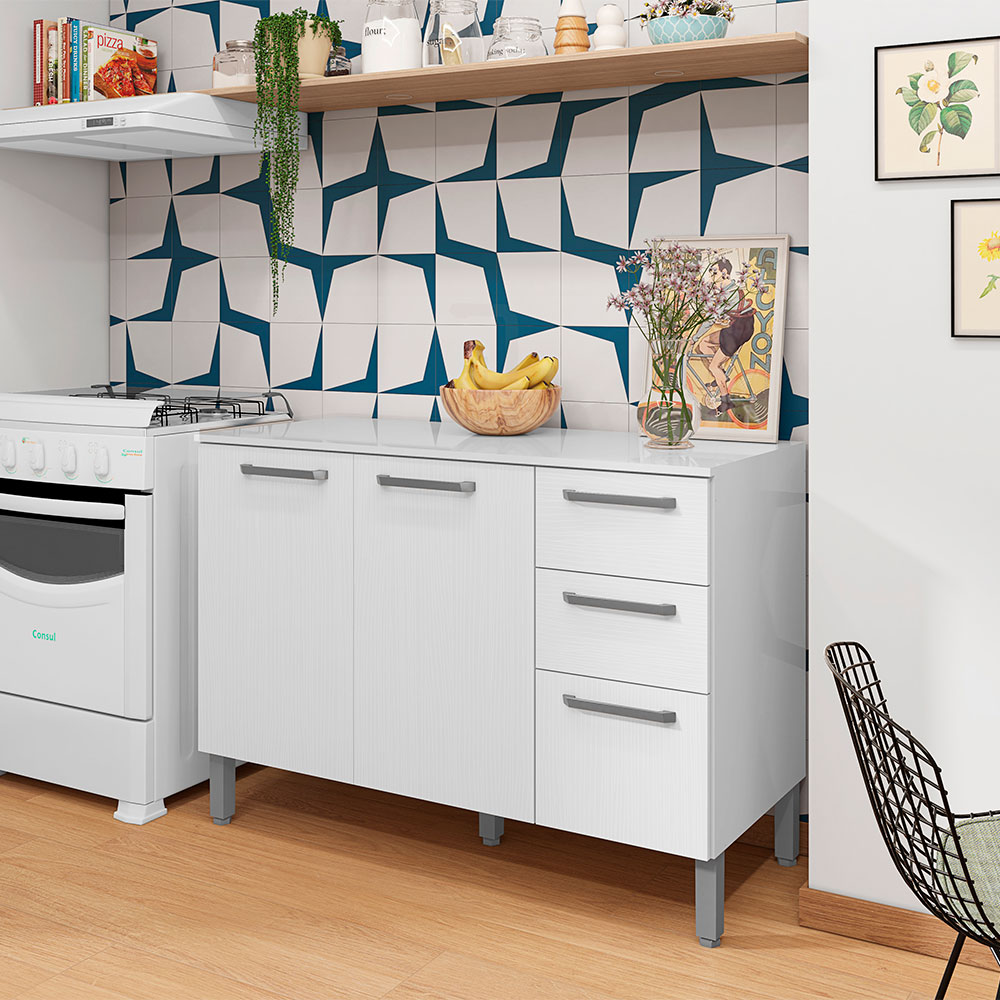 Balcão Gabinete para Cozinha 2 Portas e 3 Gavetas Tati Branco - Pallazio